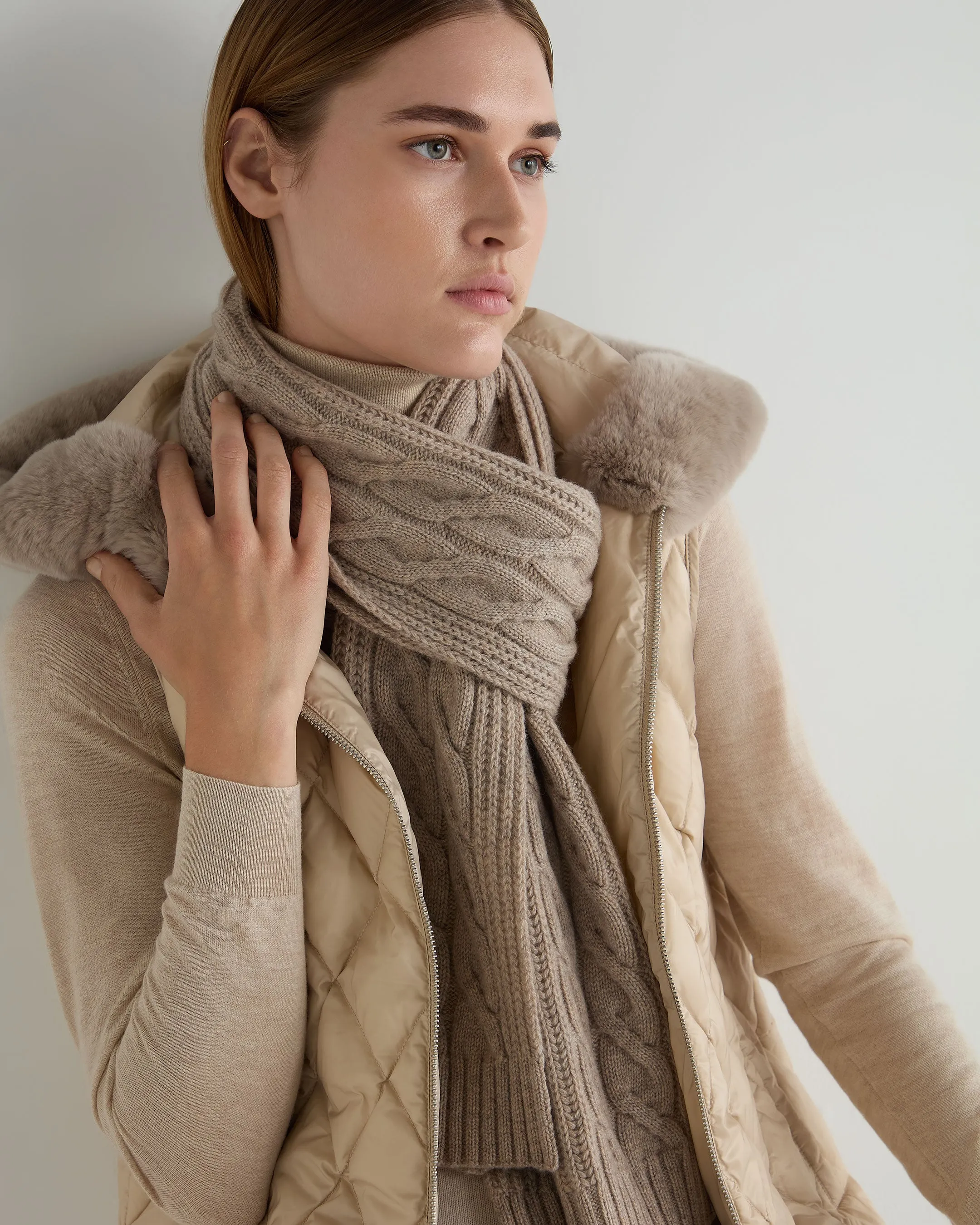 Women's Cable Rib Cashmere Scarf Oatmeal Brown